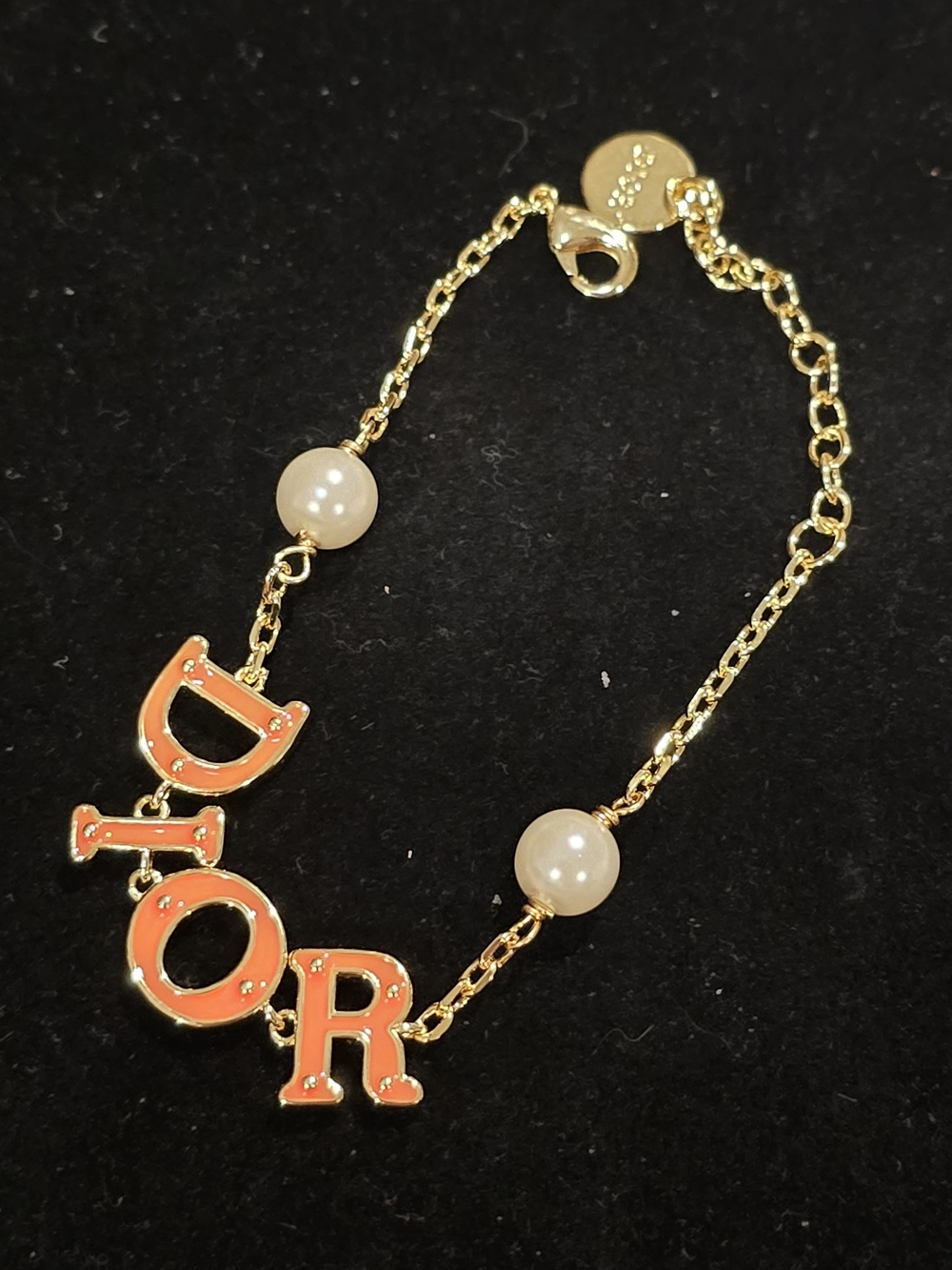 18kgp Gold-Tone 'DIOR' Orange Letter Bracelet with Pearls - Picture 2 of 5